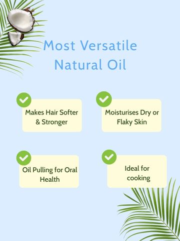 Cold Pressed Extra Virgin Coconut Oil for Hair, Skin & Wellness – 100 ml benefits chart showing uses for hair, skin, oral health, and cooking.