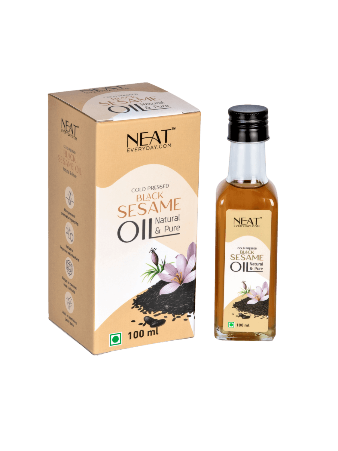 Cold Pressed Black Sesame Oil for Hair Strength & Scalp Care – 100 ml bottle with box packaging, ideal for cooking, massage, and wellness use.