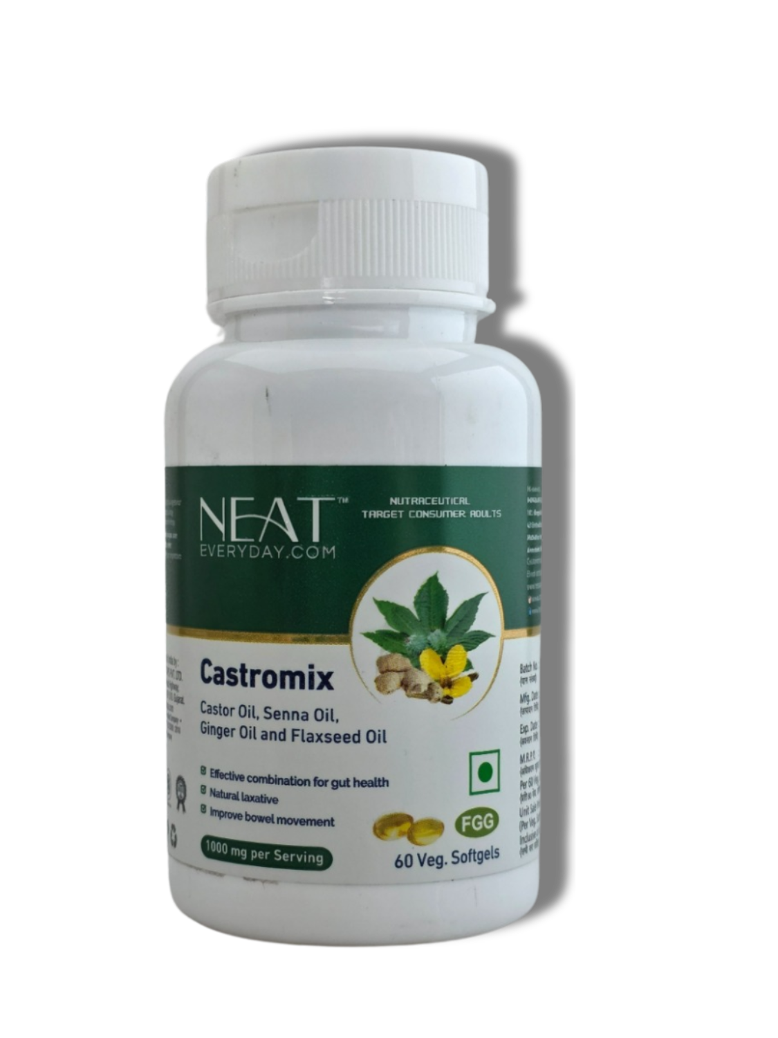 Castromix Softgel Capsules bottle with 1000mg dosage, featuring Castor, Senna, Ginger, and Flaxseed Oils for digestive support.