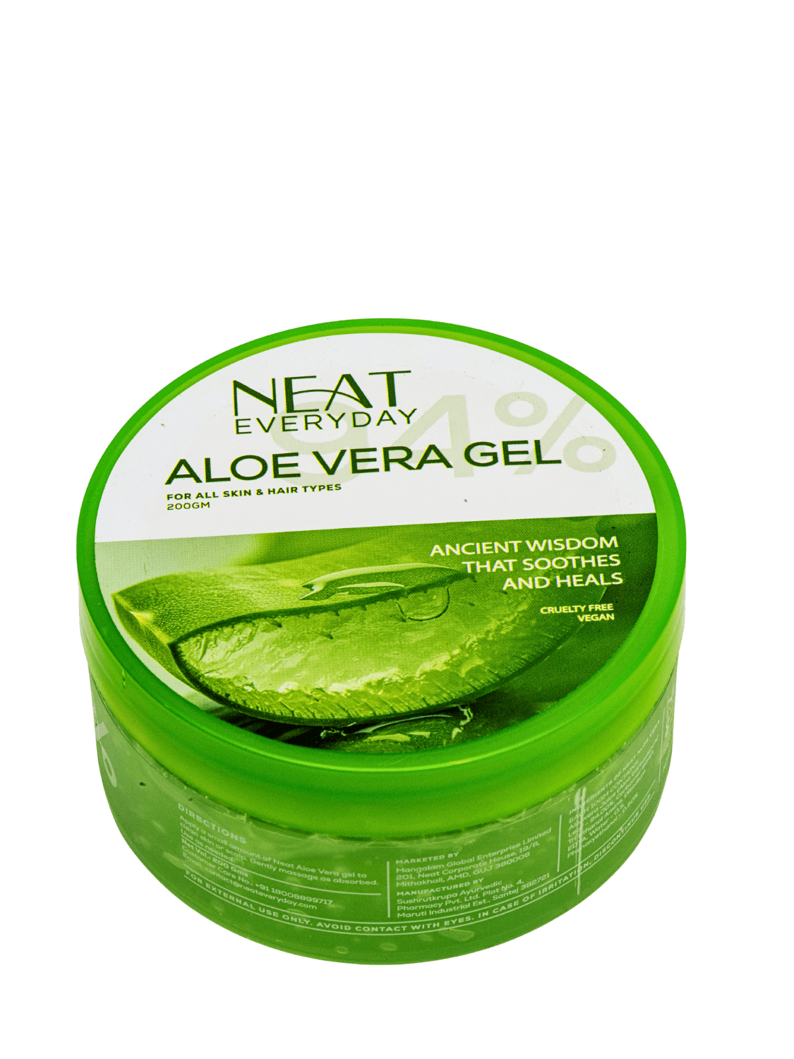 Neat Everyday Aloe Vera Gel 200gm jar with green lid, labeled for all skin and hair types. Pure soothing gel for daily hydration and healing.
