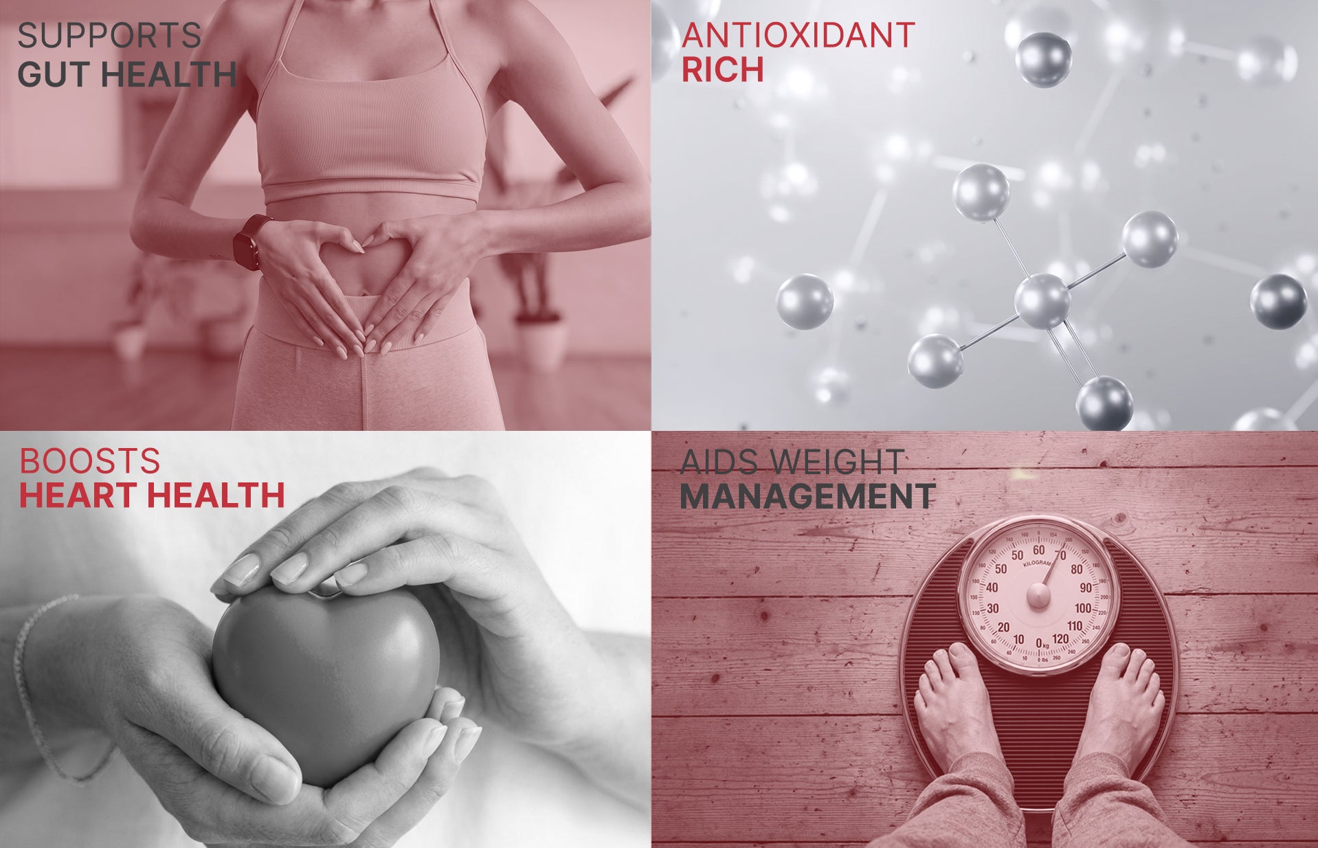 Collage of images related to health and wellness, including gut health, antioxidant richness, heart health, and weight management.