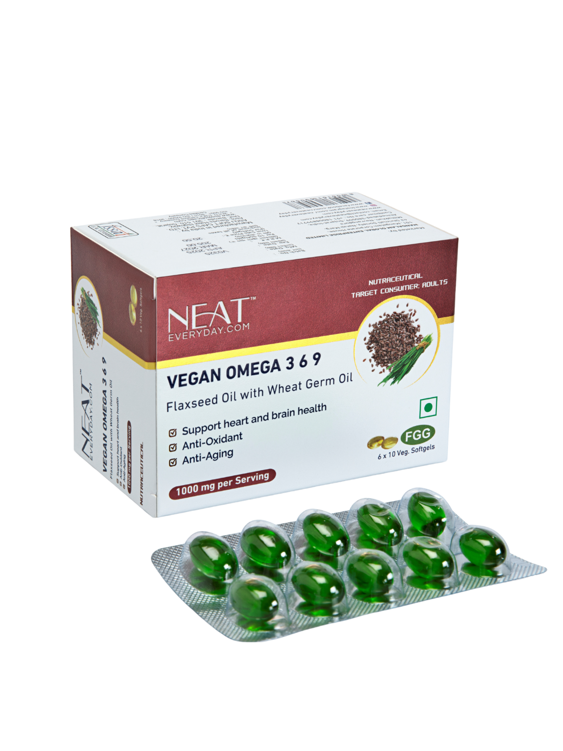 Vegan Omega 3-6-9 Capsule | Anti-Aging Antioxidant Support with flaxseed and wheat germ oil in a 1000mg jar for heart, brain, and skin health.