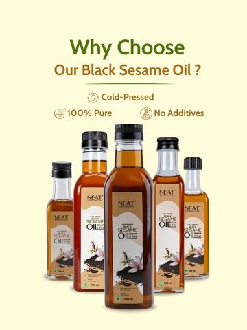 Range of Cold Pressed Black Sesame Oil bottles in various sizes, 100% pure and additive-free, perfect for hair, skin, and cooking benefits.