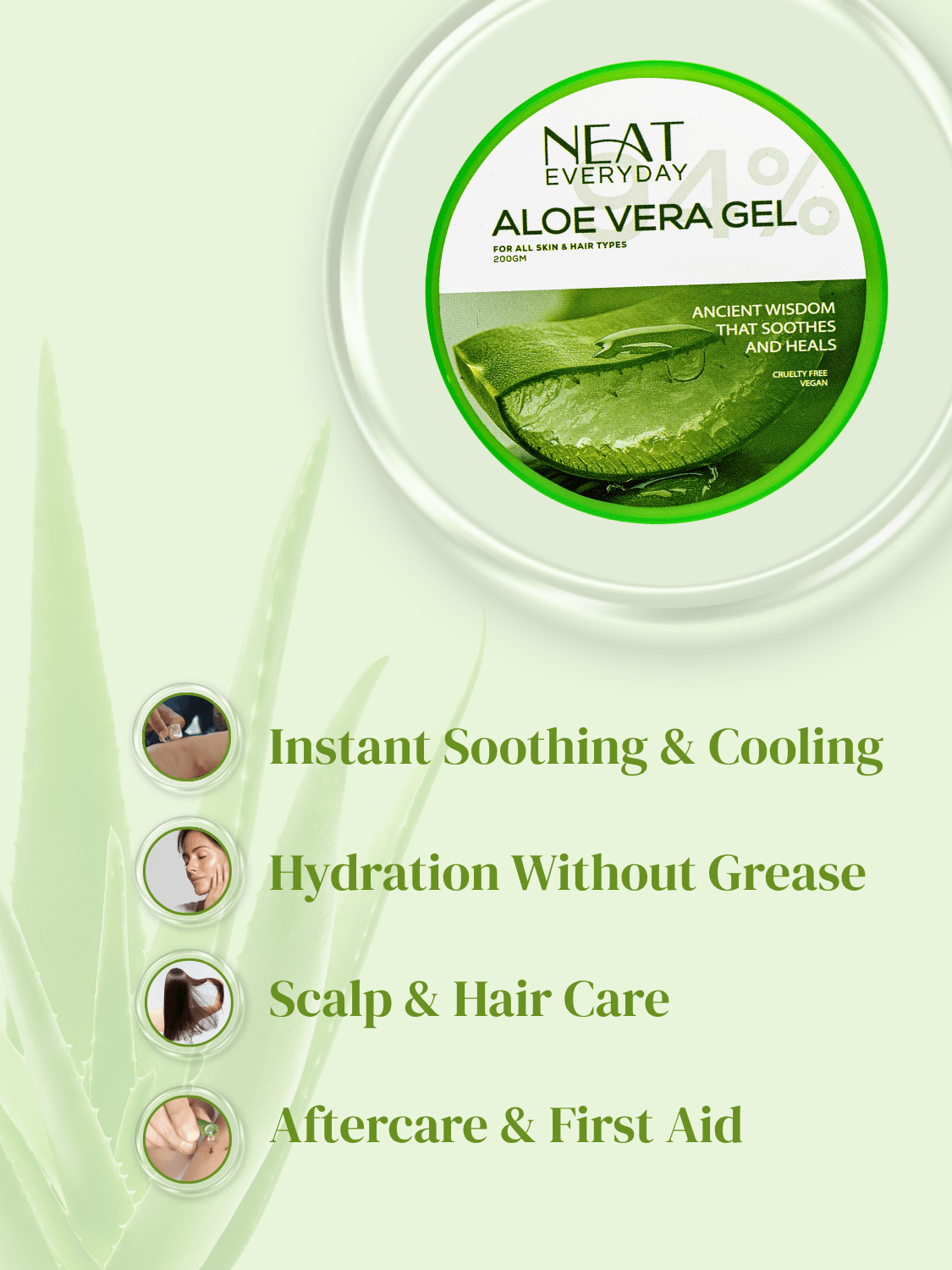 Aloe Vera Gel 200gm benefits infographic showing soothing, hydration, scalp care, and first aid uses. Promotes multipurpose daily skincare.