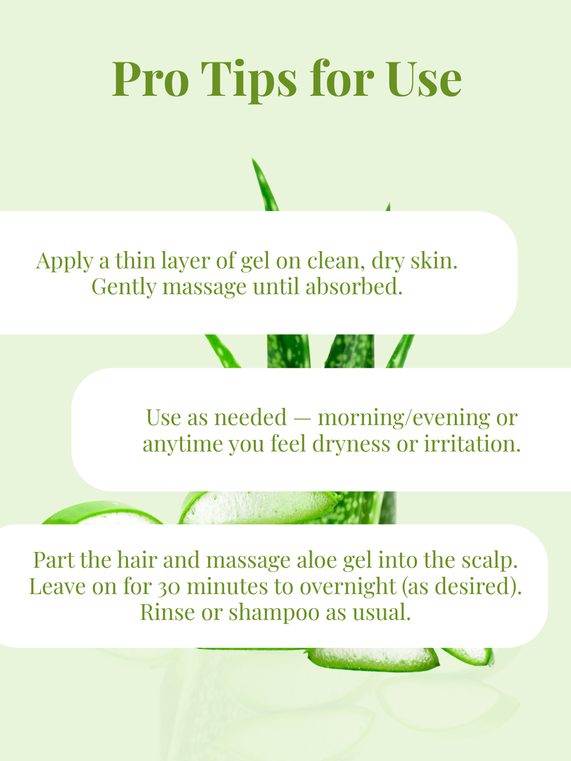 Usage tips for Neat Everyday Aloe Vera Gel 50gm, showing application methods for skin hydration, irritation relief, and scalp care.