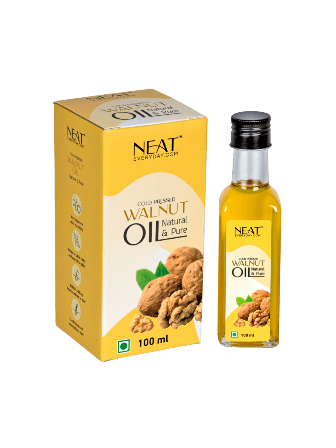 Cold Pressed Walnut Oil for Hair & Skin Wellness – 100 ml bottle with packaging box, ideal for skincare, haircare, and cooking use.