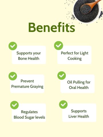 Health benefits of Cold Pressed Black Sesame Oil including bone support, oral oil pulling, liver health, and blood sugar regulation.