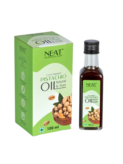 Cold Pressed Pistachio Oil for Skin Glow & Hair Care – 100 ml bottle with packaging box, ideal for skincare and cooking use.
