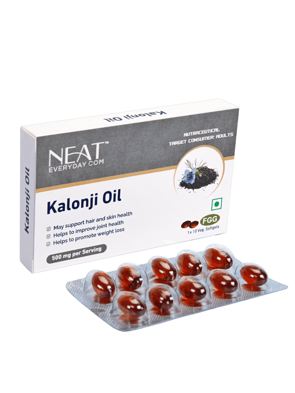 Buy Neat Kalonji Oil Soft Gel – Boost Memory, Weight Loss, and Promote Healthy Skin & Hair; 500mg herbal supplement in jar pack for joint, skin, and hair health.