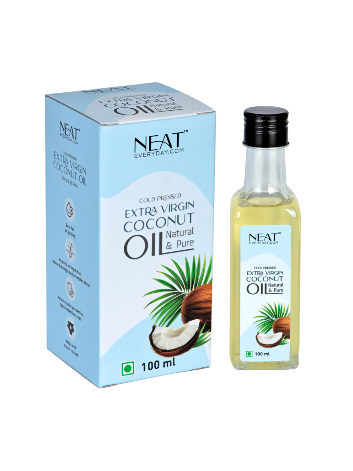 Cold Pressed Extra Virgin Coconut Oil for Hair, Skin & Wellness – 100 ml bottle with packaging box, ideal for cooking and body care.