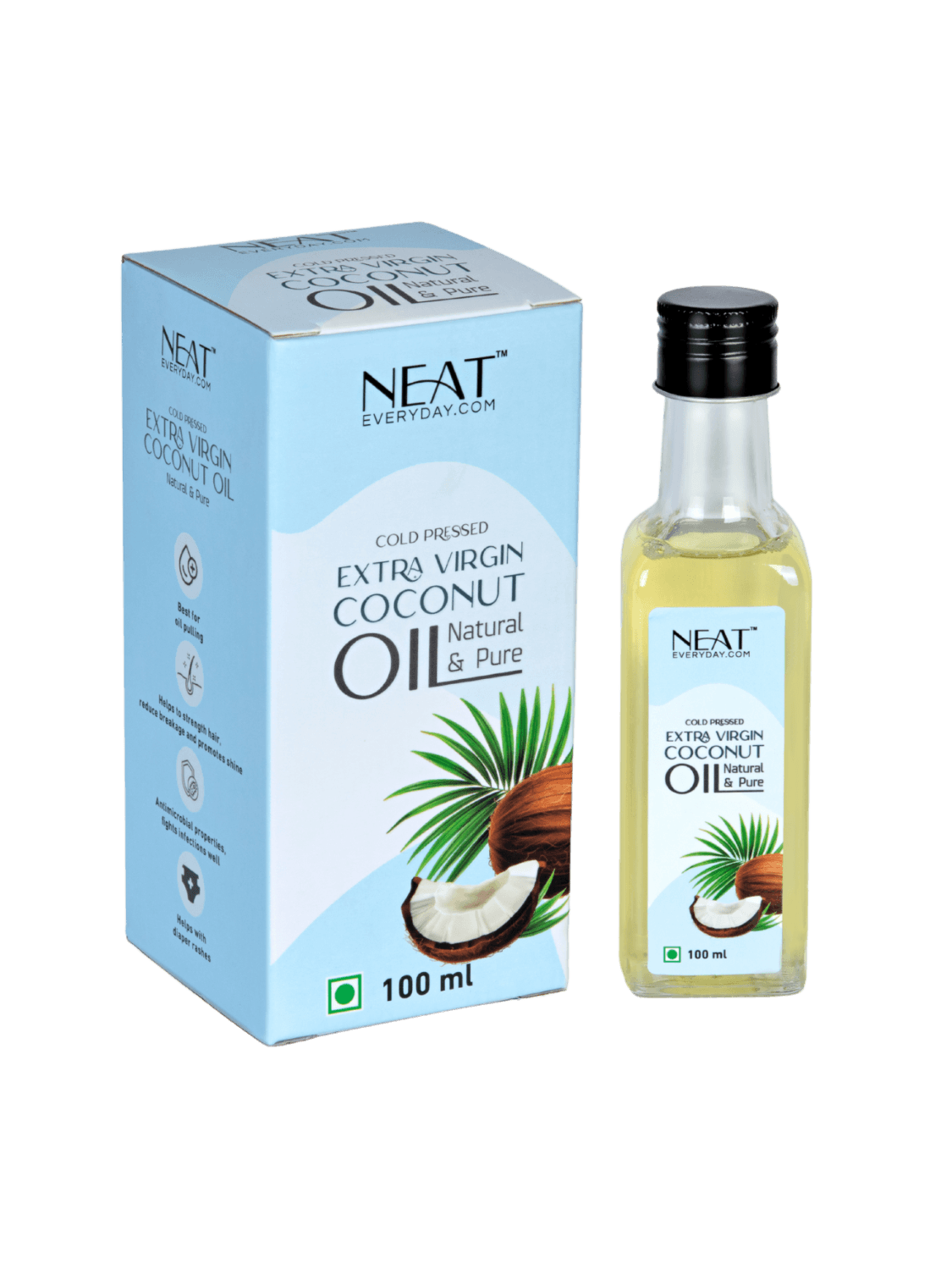 Cold Pressed Extra Virgin Coconut Oil for Hair, Skin & Wellness – 100 ml bottle with packaging box, ideal for cooking and body care.