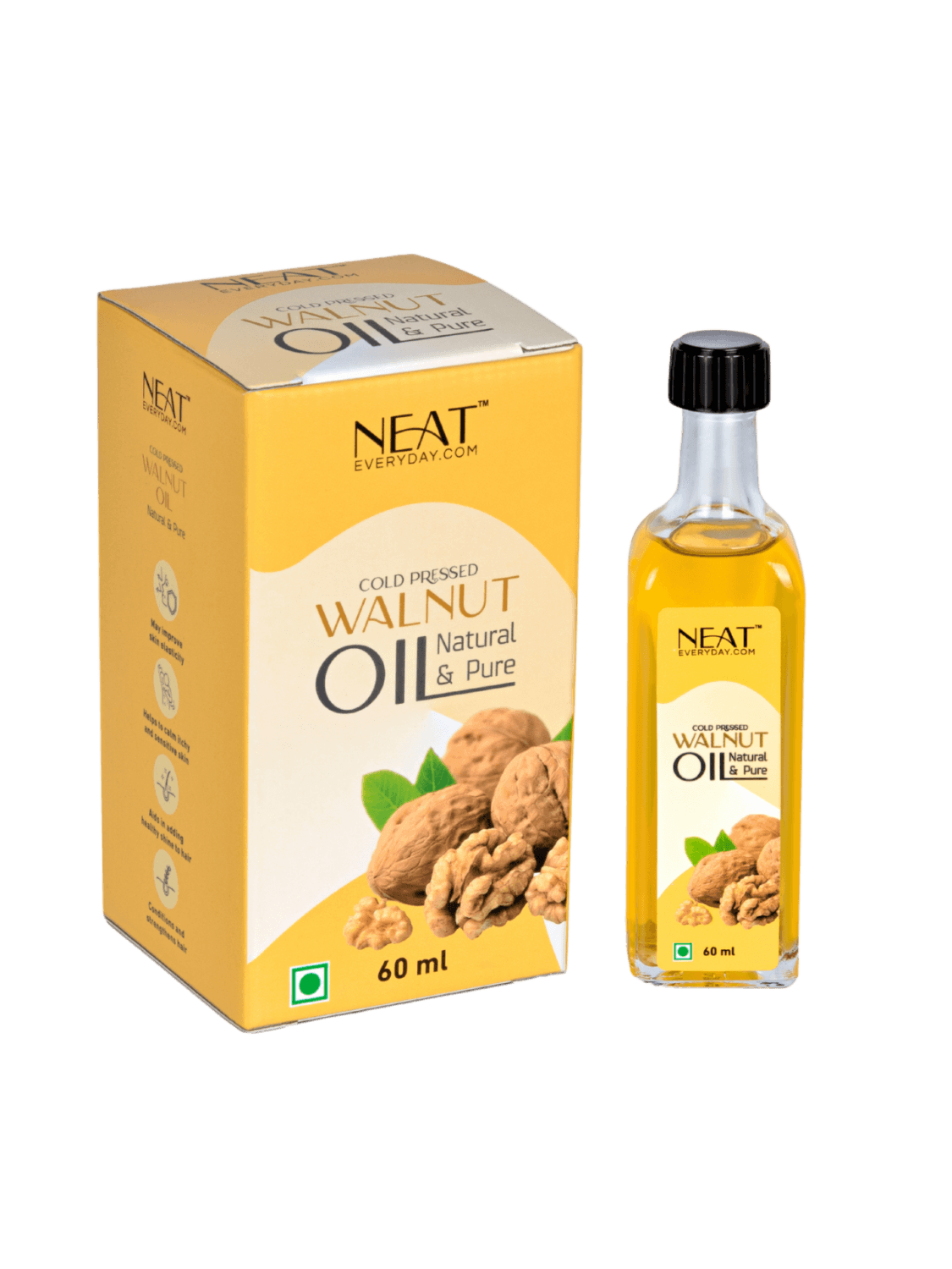 Cold Pressed Walnut Oil for Hair & Skin Wellness – 60 ml bottle with packaging box, ideal for skincare and healthy cooking.