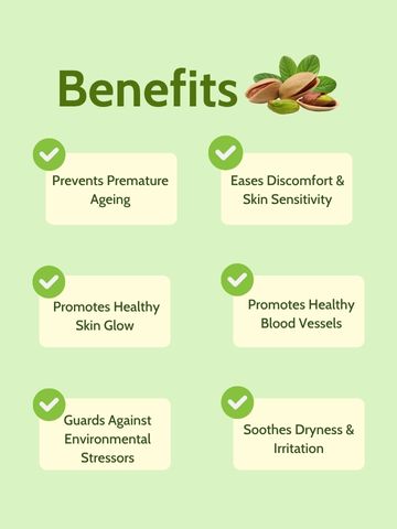 Benefits chart of Cold Pressed Pistachio Oil for Skin Glow & Hair Care – promotes skin glow, anti-aging, and soothes irritation.