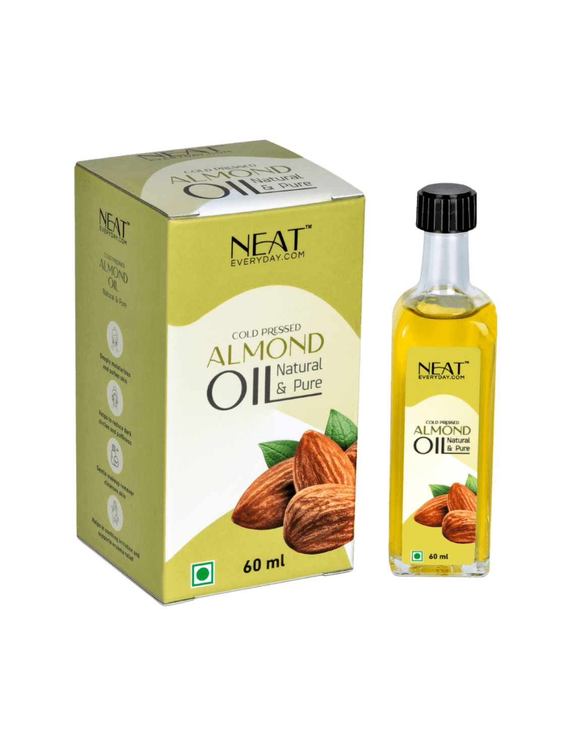 Cold Pressed Almond Oil for Hair Strength & Skin Care – 60 ml bottle with box, ideal for glowing skin and strong hair.