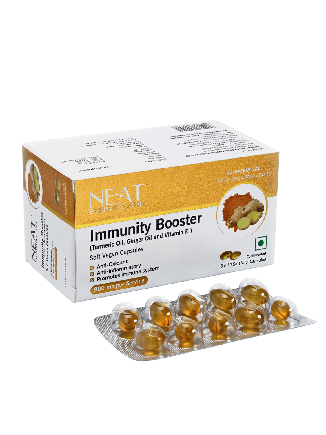 Herbal Immunity Booster with Turmeric, Ginger Oil, and Vitamin E in 5x10 softgel blister pack, supports digestion and energy.