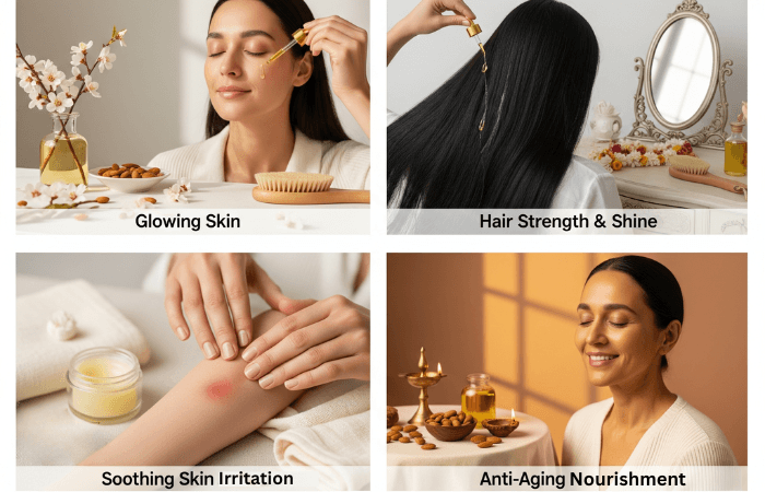 A collage of four images showcasing skincare and wellness routines: a woman with glowing skin using a dropper, a woman applying hair oil for strength and shine, a hand receiving a massage for soothing skin irritation, and a woman enjoying anti-aging nourishment with a warm, relaxing background.
