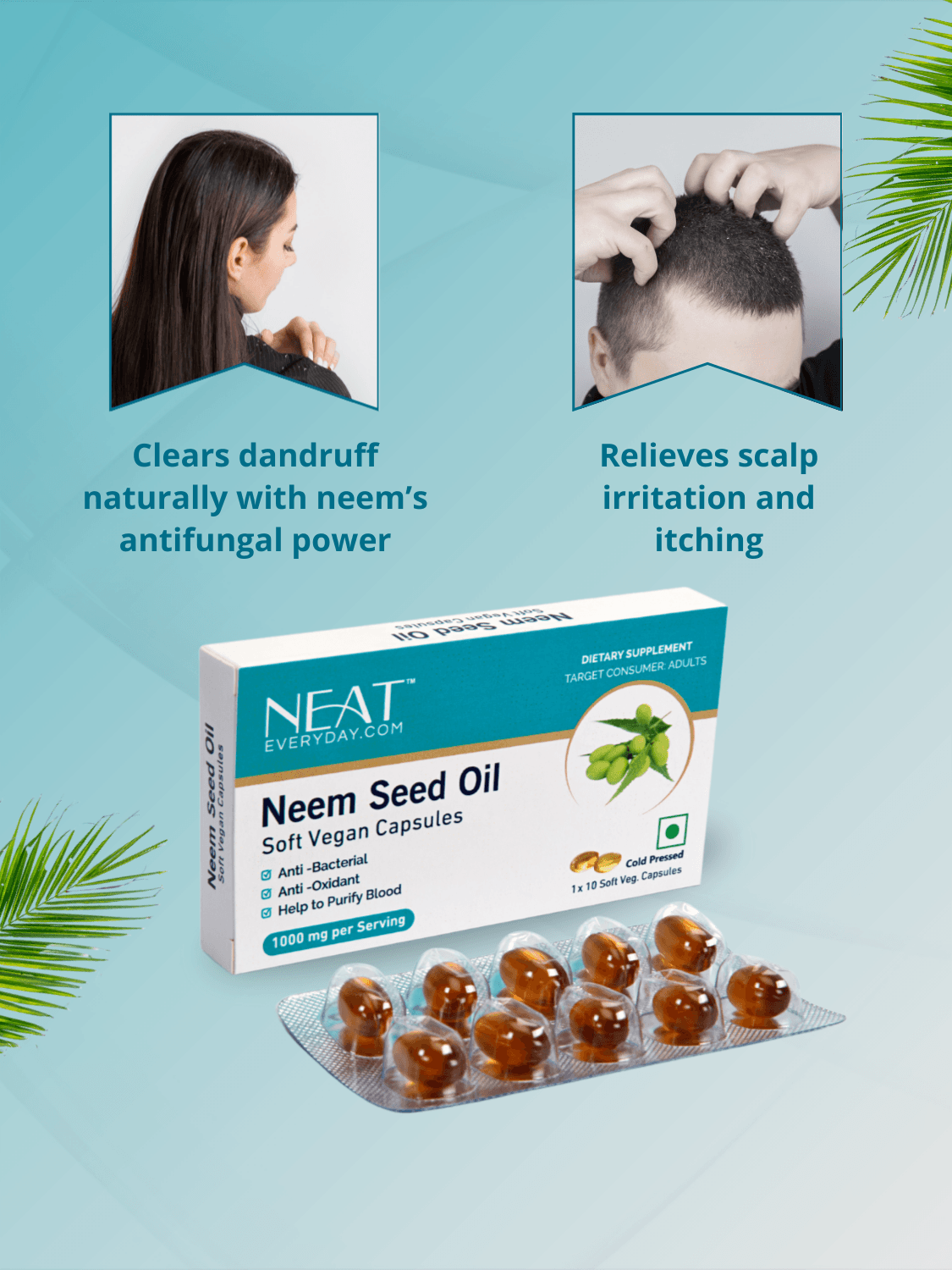 Neem Seed Oil capsules in Anti-Dandruff Hair Mask – Scalp Care bundle, relieve scalp irritation and clear dandruff with antifungal properties.
