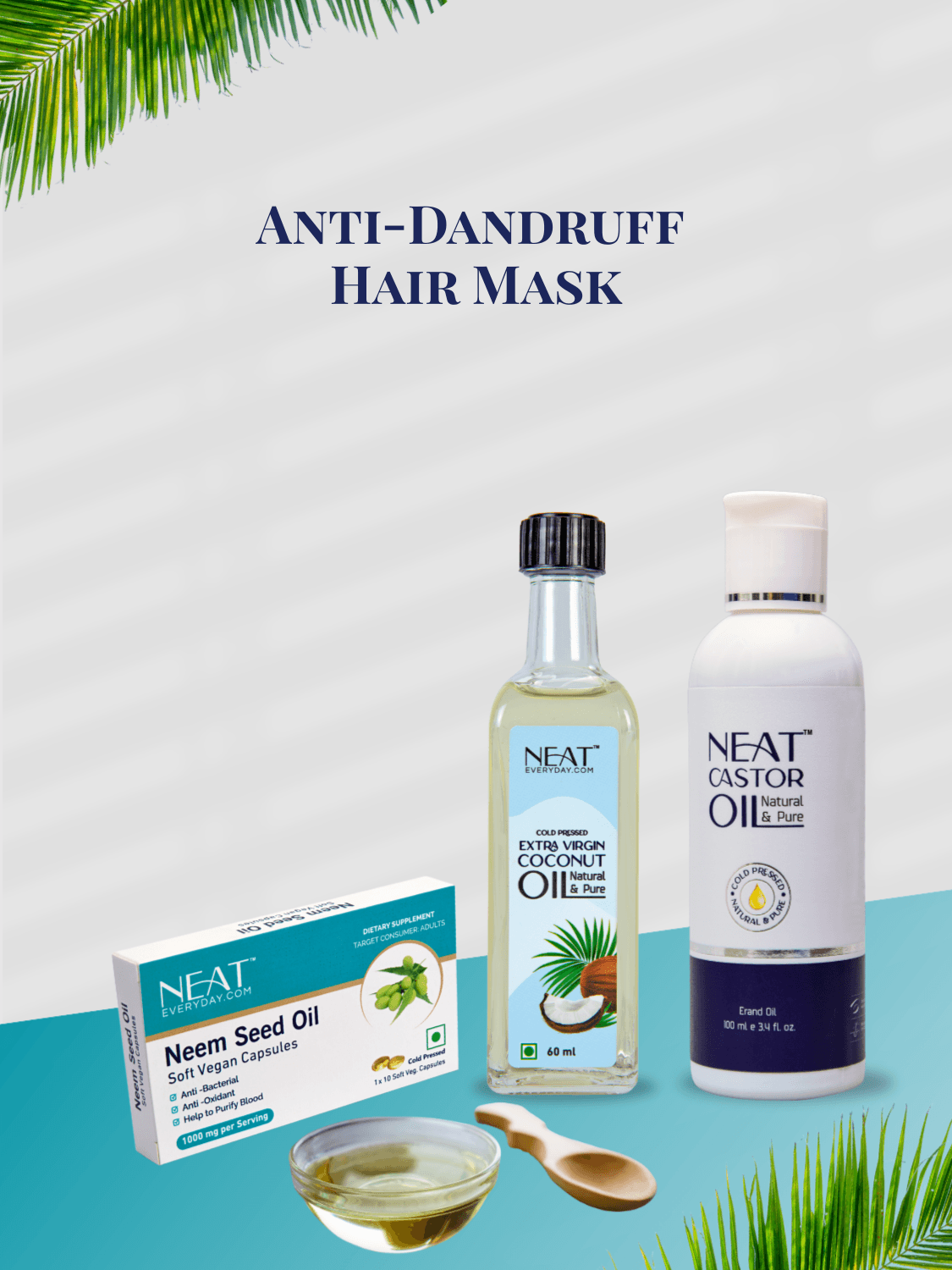 Anti-Dandruff Hair Mask – Scalp Care bundle featuring castor oil, coconut oil, and neem seed oil for dandruff control and scalp detox.