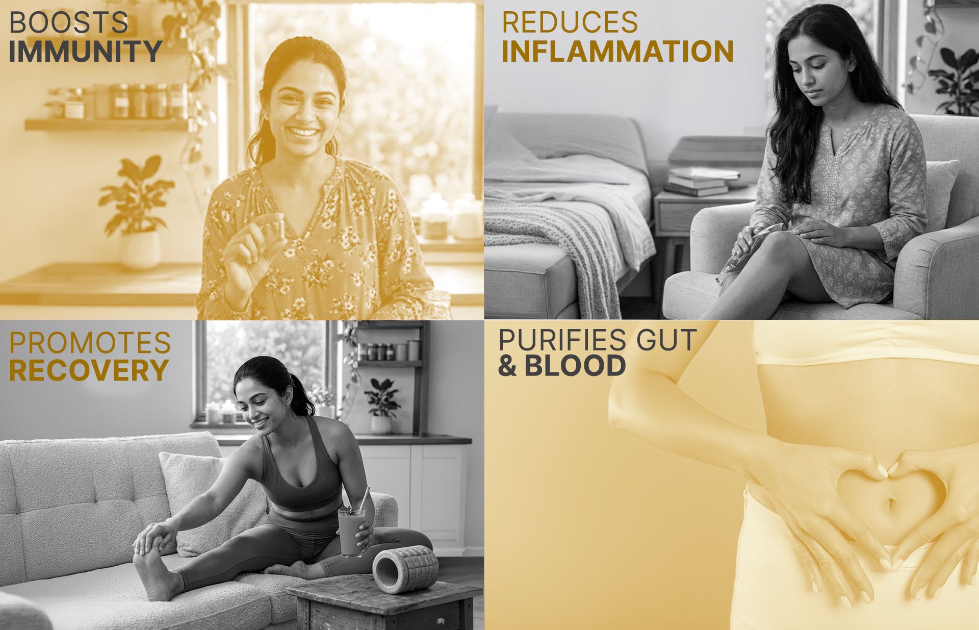Collage of a woman in various activities with text about health benefits.