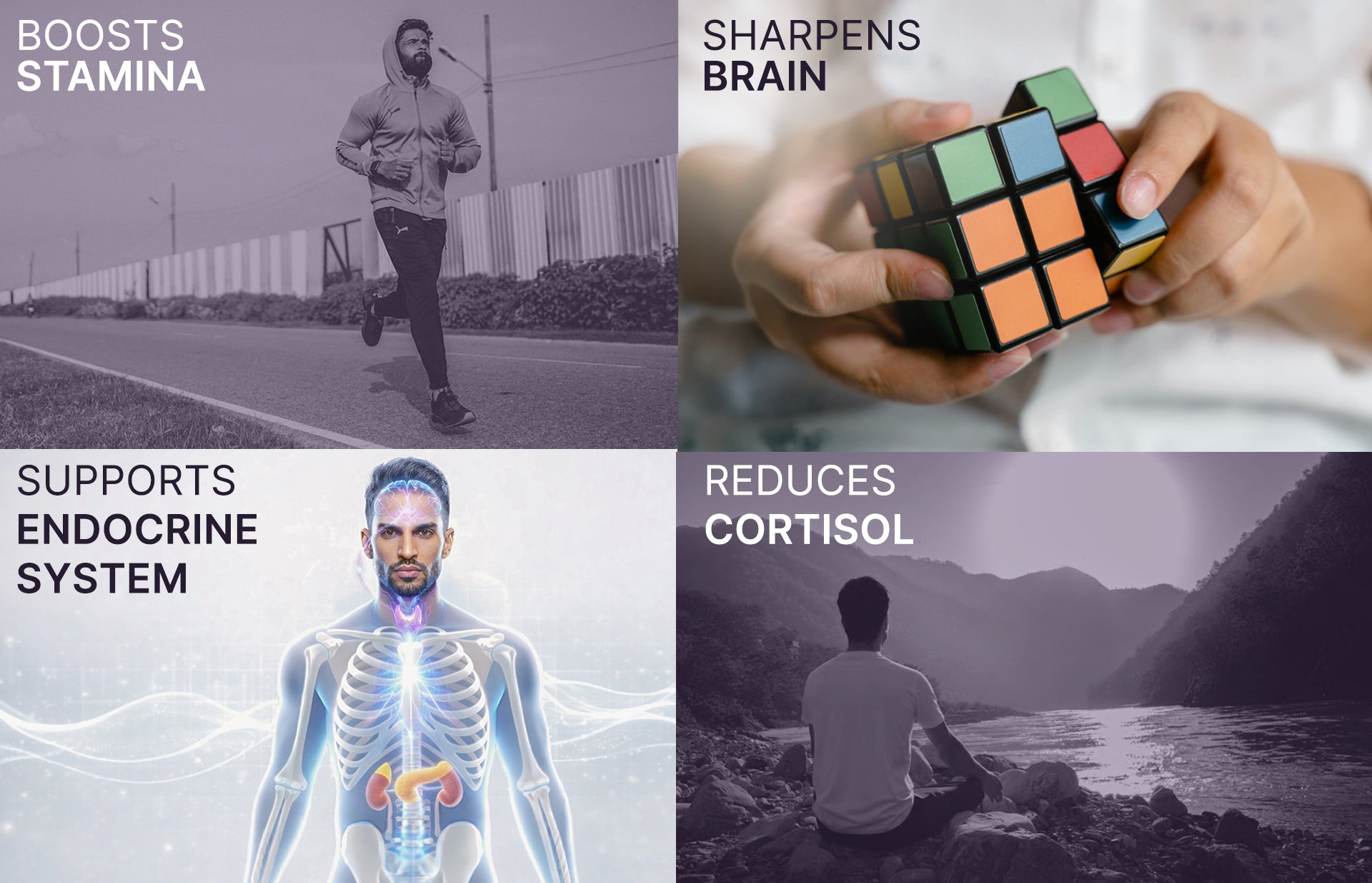 Four images showing a runner, solving a Rubik's cube, an anatomical diagram of a person, and a person sitting by a mountain, with text describing benefits.