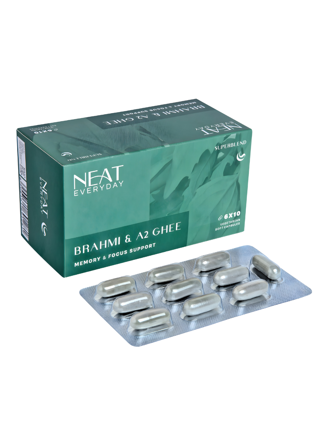 Neat Everyday Brahmi & A2 Ghee supplement packaging with capsules on a white background