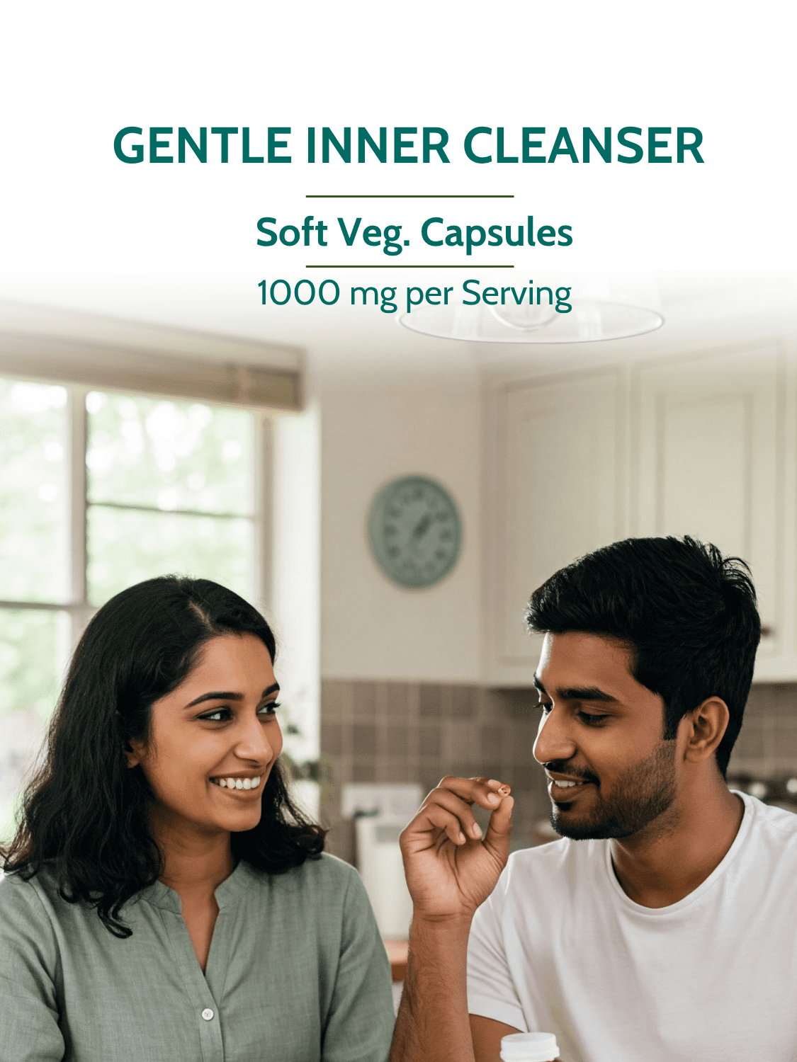 Happy couple in kitchen promoting Castor Oil Soft Vegan Capsules 1000mg as a gentle inner cleanser for daily wellness and digestive health.