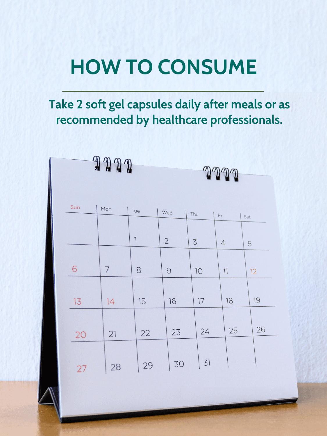 Monthly calendar with dosage instructions for Castor Oil Soft Vegan Capsules 1000mg, advising two capsules daily after meals for best results.