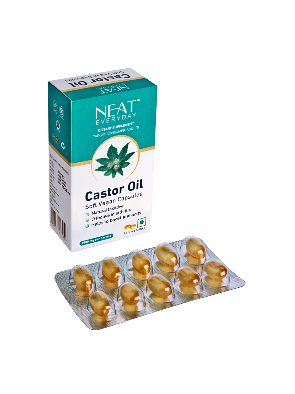 Neat Castor Oil capsules packaging with capsules on a white background