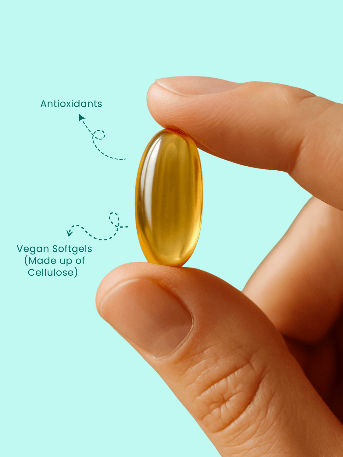 Close-up of a vegan castor oil softgel capsule held between fingers, labeled with antioxidant and cellulose-based vegan shell benefits.