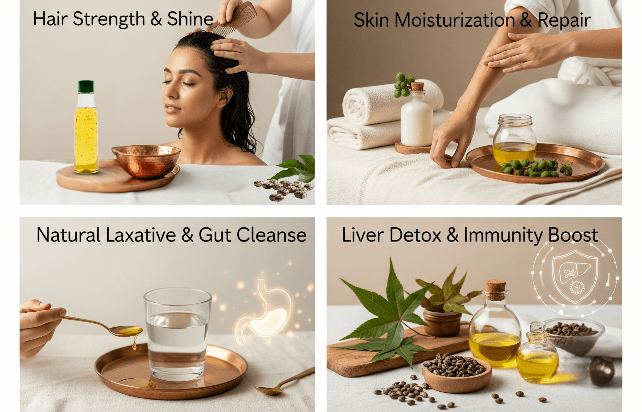A collage of four wellness treatment images, including hair strength and shine, skin moisturization and repair, natural laxative and gut cleanse, and liver detox and immunity boost, featuring spa settings, natural ingredients, and relaxation scenes.