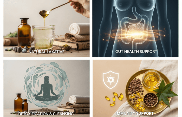 A collage of four images representing natural health remedies: a spoonful of liquid for natural laxative, a digital illustration of gut health support, a person meditating for detoxification and cleansing, and herbal supplements for immunity support.