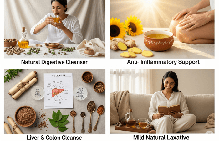 Collage of four images showcasing natural health remedies: a woman drinking tea with herbs and honey labeledNatural Digestive Cleanser," hands massaging legs with ginger and sunflower in the background labeled "Anti-Inflammatory Support," various herbs, spices, and a diagram of the liver and colon labeled "Liver & Colon Cleanse," and a woman reading a book with tea and herbs nearby labeled "Mild Natural Laxative.