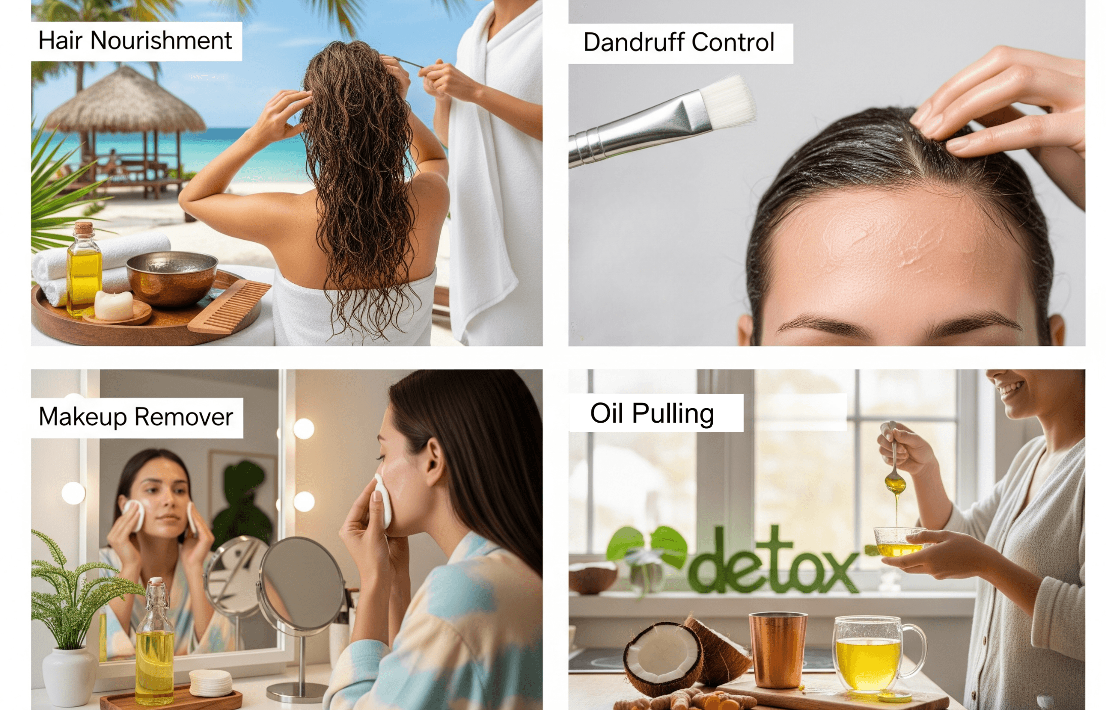 A woman applying makeup at a vanity mirror with skincare products and a plant, labeledMakeup Remover," in a cozy indoor setting.