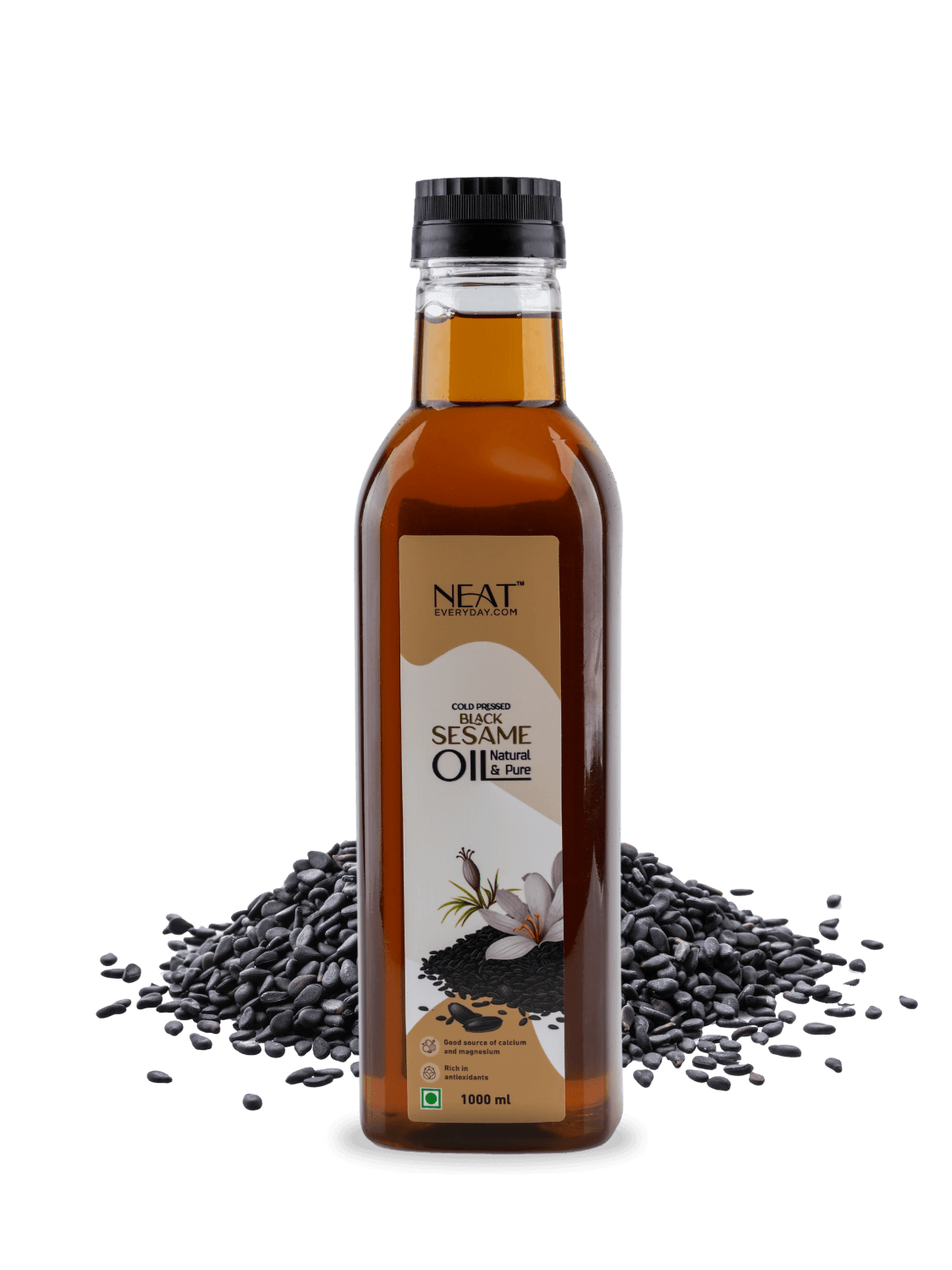 Cold-pressed black sesame oil 1L bottle by Neat Everyday, placed with raw black sesame seeds. Ideal for cooking, skincare, and wellness use.