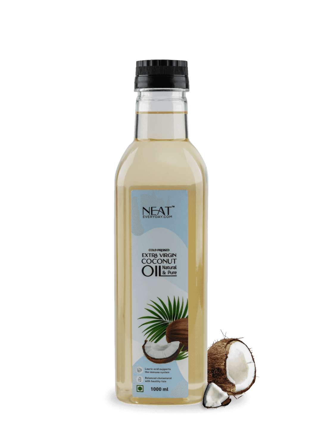 Cold Pressed Extra Virgin Coconut Oil for Hair, Skin & Wellness – 1 L bottle with coconut halves, ideal for cooking and holistic care.