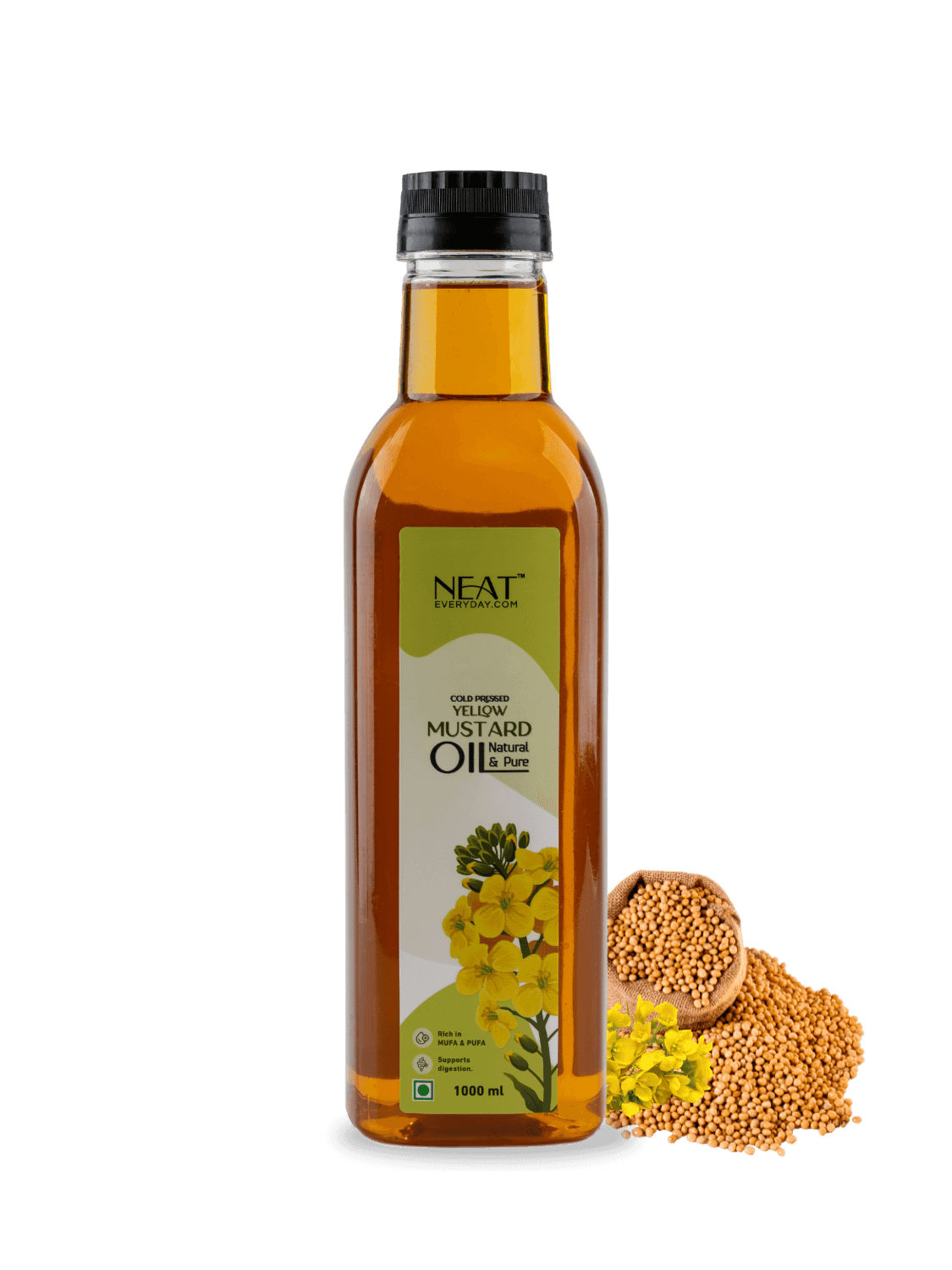 Cold Pressed Yellow Mustard Oil for Hair Growth & Scalp Care – 1 L bottle with mustard seeds and flowers, ideal for cooking and body massage.