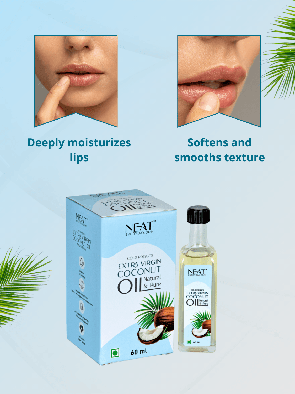 Cold-pressed extra virgin coconut oil in DIY Lip Nourisher bundle deeply moisturizes lips and softens texture for natural lip care.