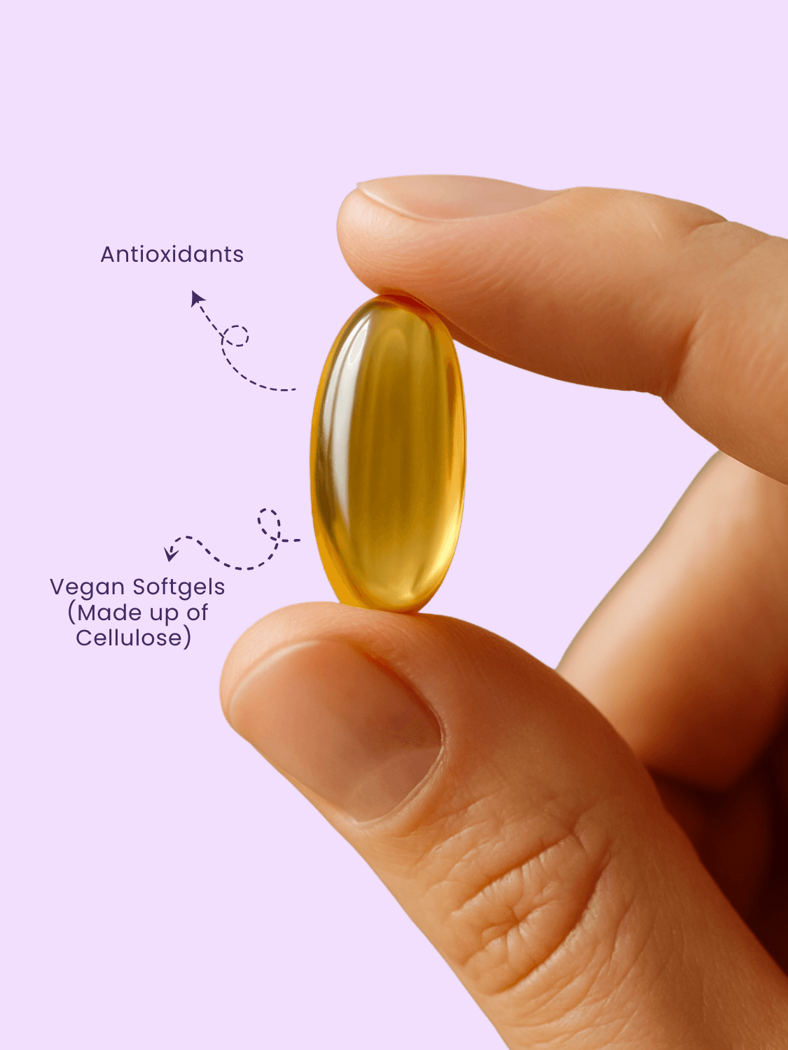 Close-up of a hand holding a vegan softgel capsule labeled with antioxidants and cellulose-based composition from Evening Primrose Oil.