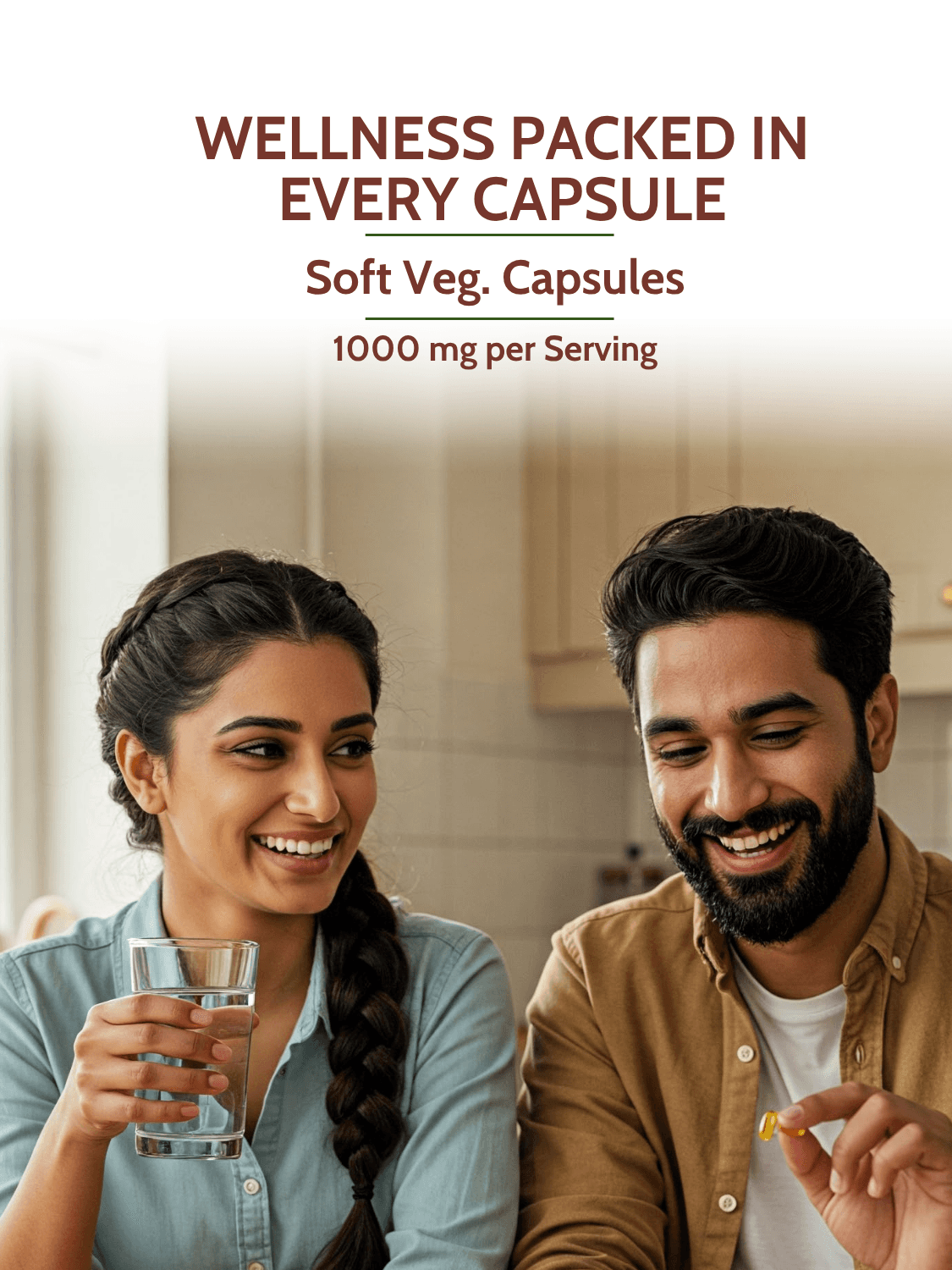 Happy couple taking Fenugreek Oil Soft Vegan Capsules, 1000mg per serving, promoting wellness in a daily herbal supplement routine.