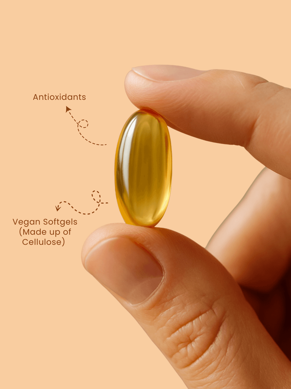 Close-up of Fenugreek Oil vegan softgel capsule made of cellulose, rich in antioxidants and ideal for plant-based supplement users.