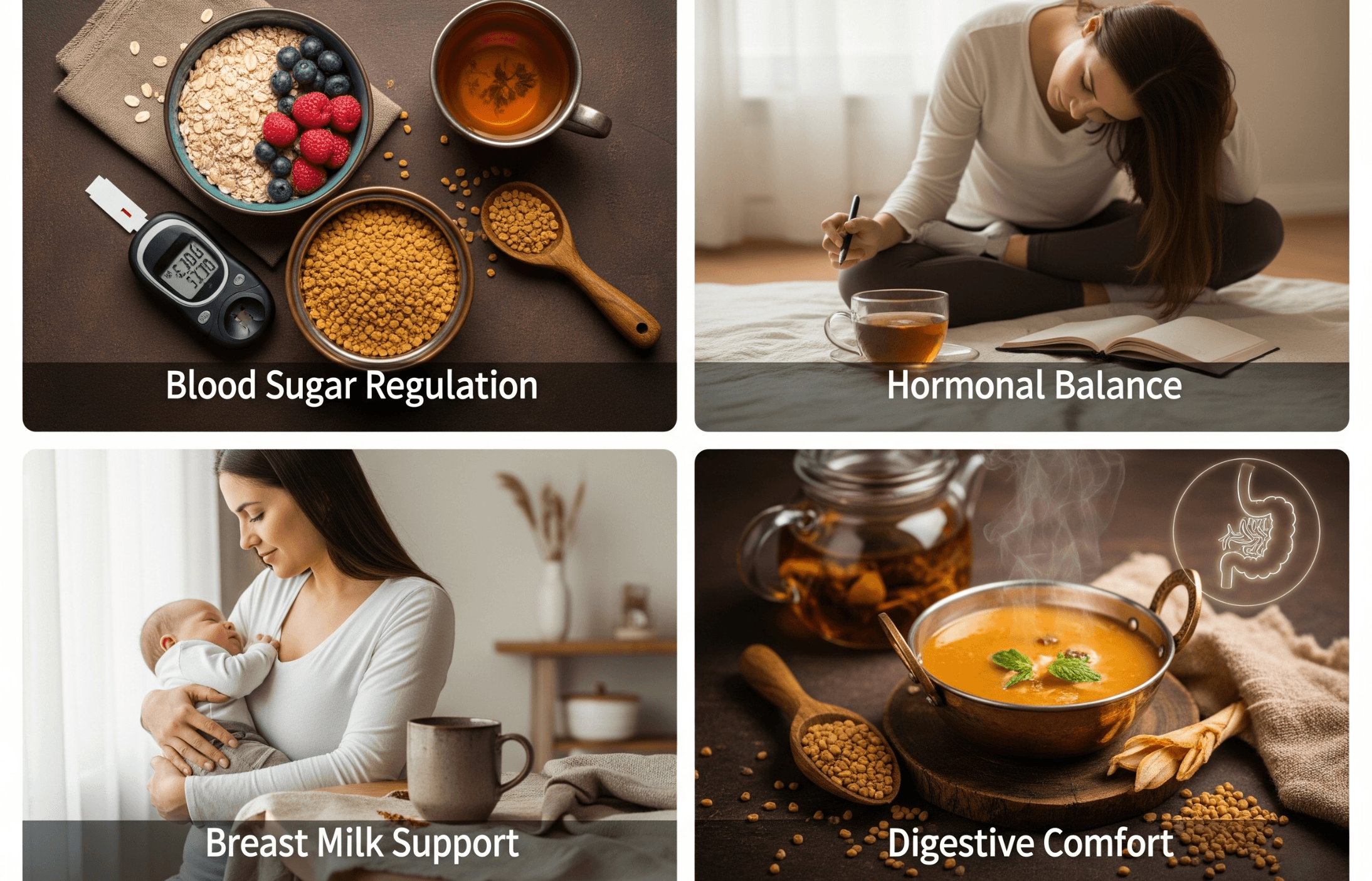 A collage of four images illustrating health and wellness themes: top left shows oatmeal, berries, tea, and a glucose monitor for blood sugar regulation; top right features a woman relaxing with tea for hormonal balance; bottom left depicts a mother holding her baby for breast milk support; bottom right displays a bowl of soup with herbs for digestive comfort.