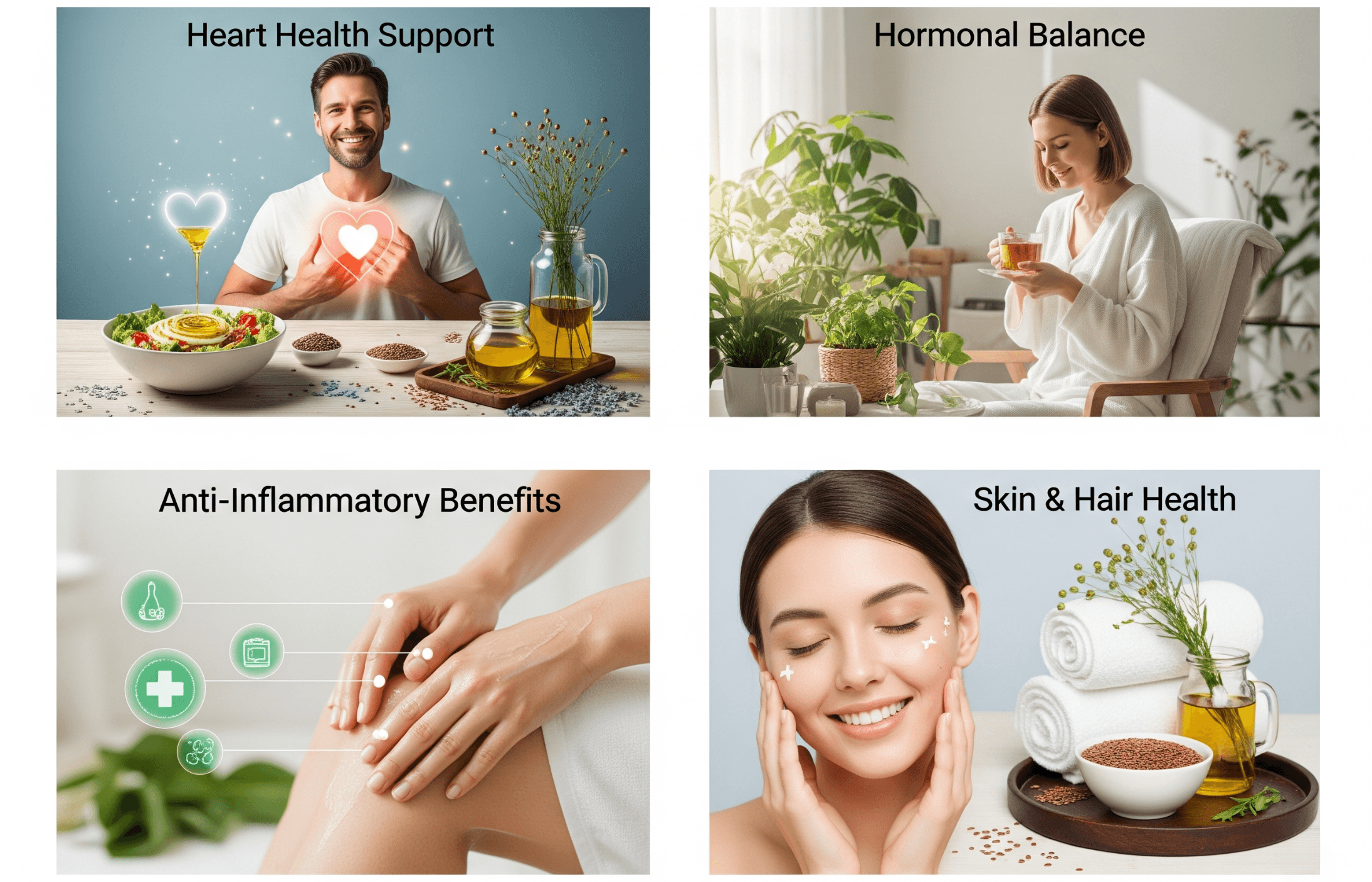 A smiling woman with a relaxed expression, sitting in a bright room with green plants, holding a cup of tea, representing hormonal balance and wellness.