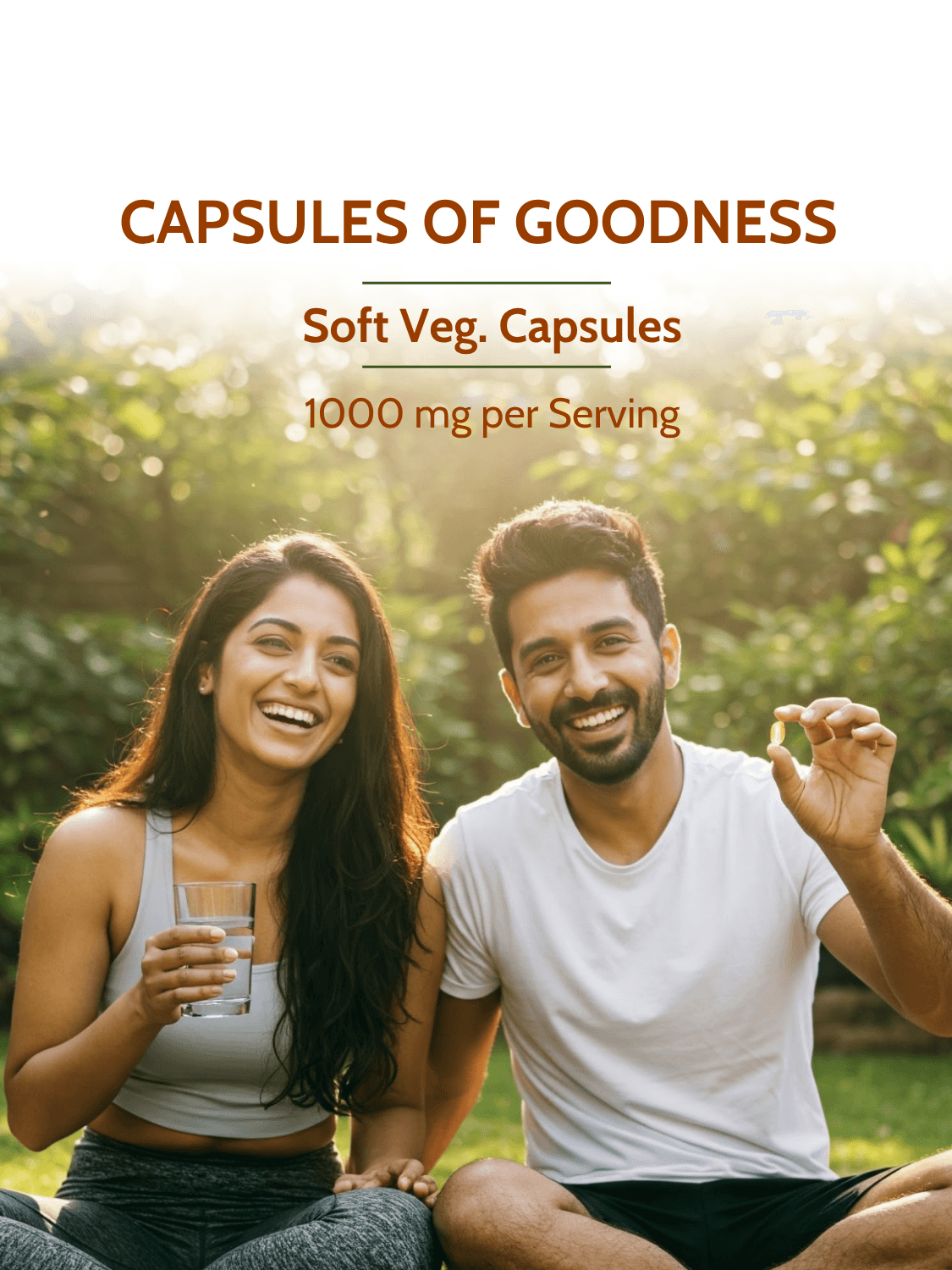 Happy couple outdoors promoting flaxseed oil vegan capsules 1000mg per serving, ideal for heart, joint, and skin wellness.