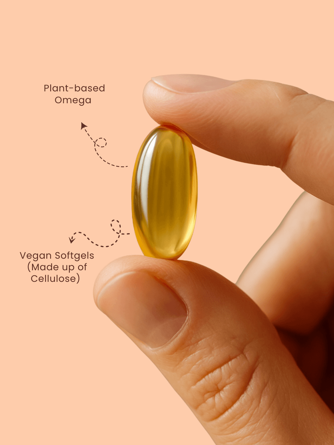 Hand holding flaxseed oil vegan capsule labeled plant-based Omega and cellulose-based softgel, ideal for heart and skin health.