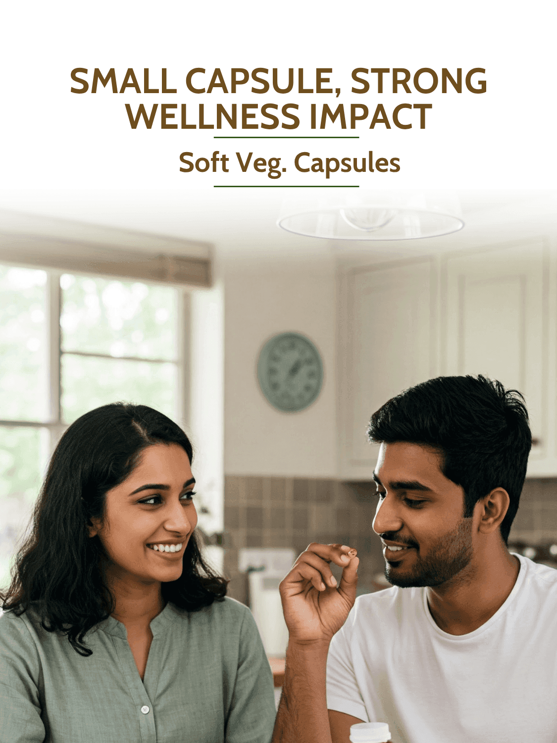 Couple taking Garlic Oil Softgel Capsules, emphasizing small size and strong wellness impact of soft vegan capsules.