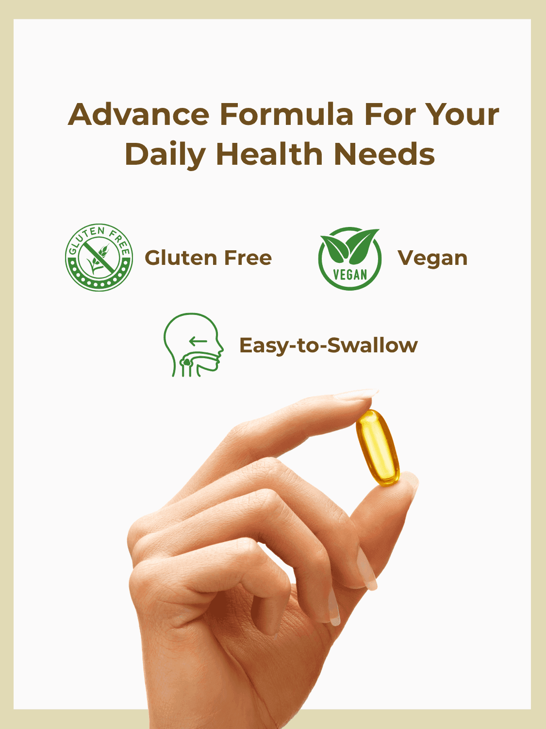 Garlic Oil Softgel Capsule held by hand, labeled gluten-free, vegan, and easy-to-swallow for daily health and nutrition support.