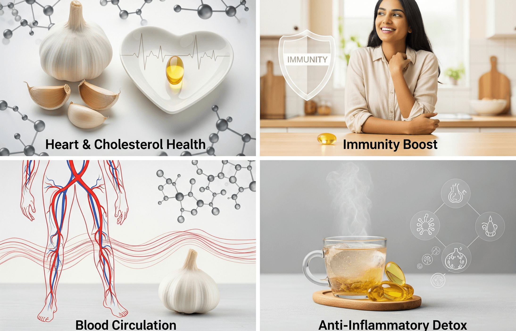 An infographic illustrating health benefits of garlic, including heart and cholesterol health, immunity boost, blood circulation, and anti-inflammatory detox, with images of garlic, molecular structures, and a woman smiling.