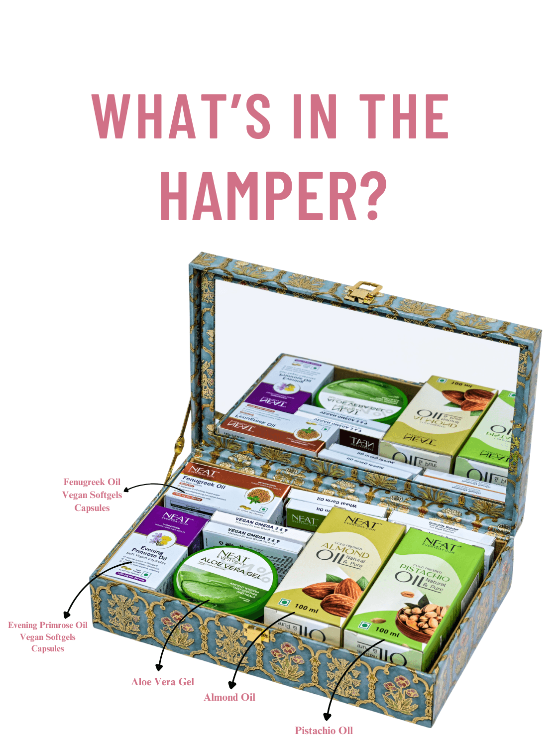 Glow Grace Hamper open to reveal aloe vera gel, almond oil, pistachio oil, and vegan softgel capsules in a luxury gift box for beauty and wellness.