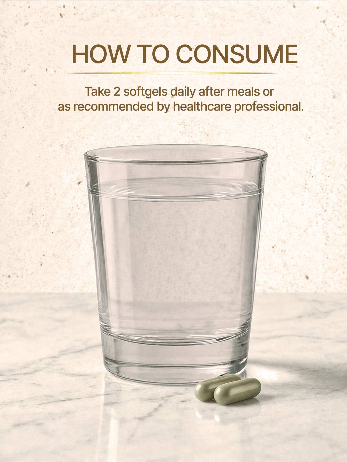 Glass of water with two softgels on a marble surface, with text on how to consume.