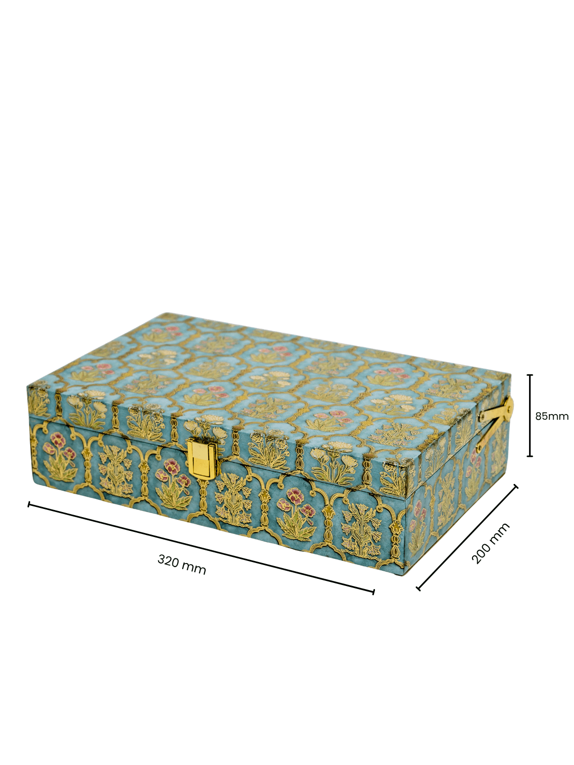 Glow Grace Hamper closed box with dimensions 320mm x 200mm x 85mm, showcasing elegant packaging for luxury wellness gift sets.